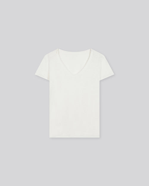 White V-neck Short Sleeve Linen and Elastane T-Shirt - MAJESTIC FILATURES