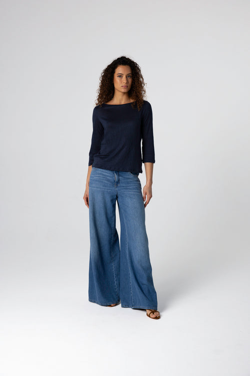 T-shirt Marine Col Bateau Manches Trois quarts en Lin / Elasthanne - MAJESTIC FILATURES