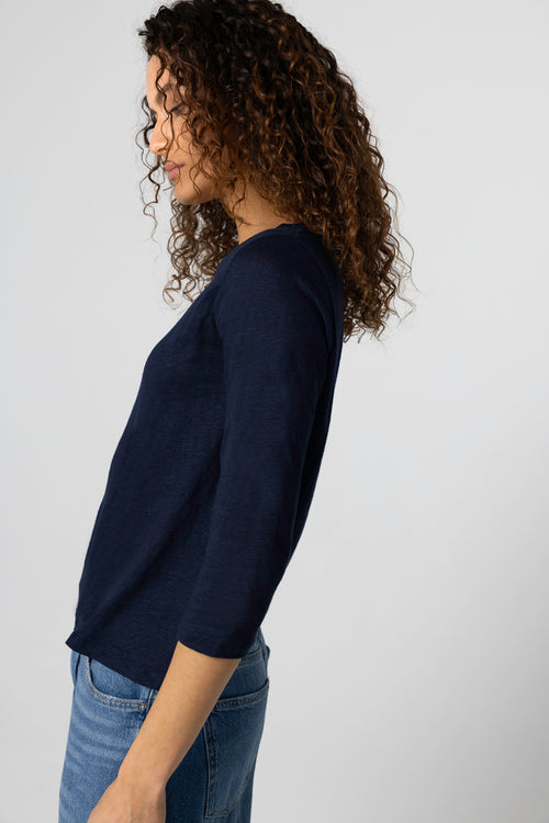 T-shirt Marine Col Bateau Manches Trois quarts en Lin / Elasthanne - MAJESTIC FILATURES
