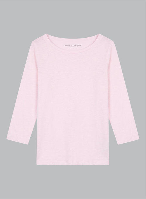 Pink Boatneck Three-Quarter-Sleeve T-shirt in Linen / Elastane - MAJESTIC FILATURES