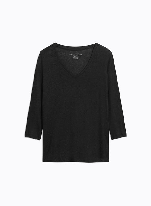 Black 3/4 Sleeve V-Neck T-shirt in Linen / Elastane - MAJESTIC FILATURES