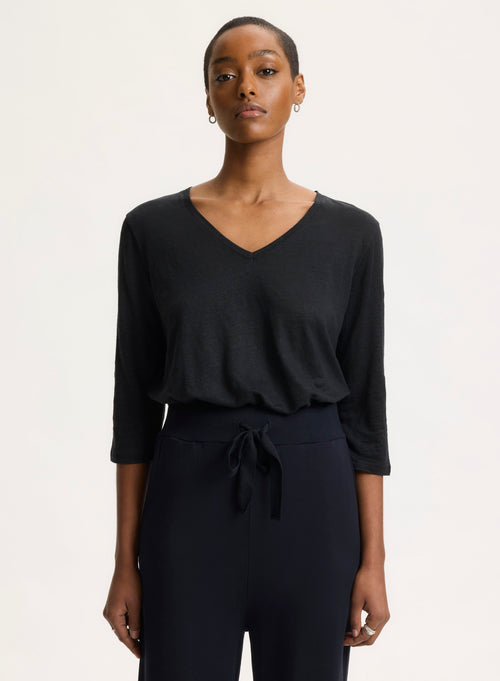 Black 3/4 Sleeve V-Neck T-shirt in Linen / Elastane - MAJESTIC FILATURES