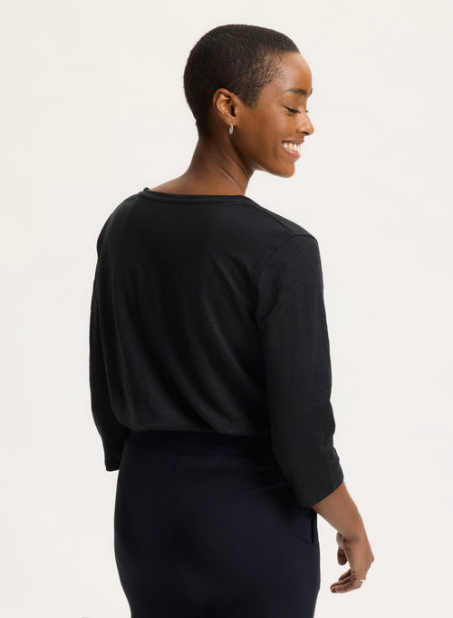 Black 3/4 Sleeve V-Neck T-shirt in Linen / Elastane - MAJESTIC FILATURES