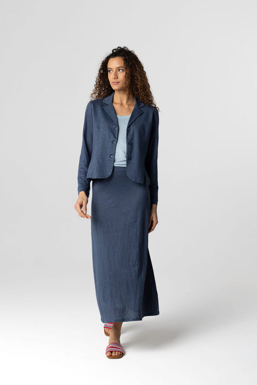 Chaqueta azul oscuro con cuello de chaqueta y mangas largas de lino/elastano - MAJESTIC FILATURES