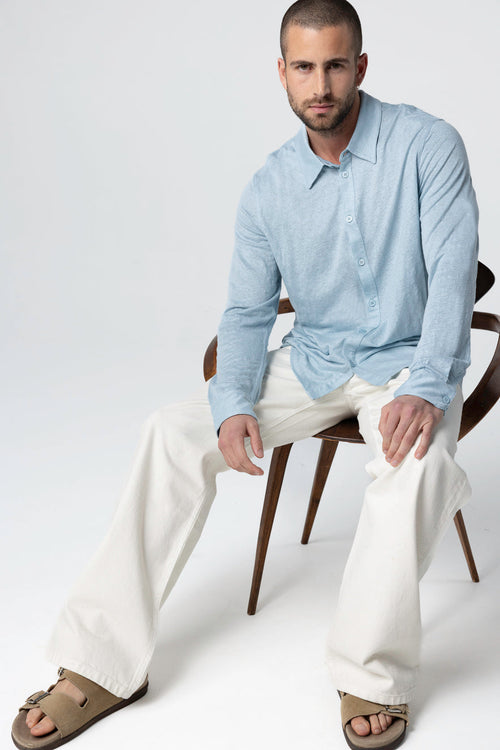 Chemise Bleu Clair Col Chemise Manches Longues en Lin / Elasthanne - MAJESTIC FILATURES