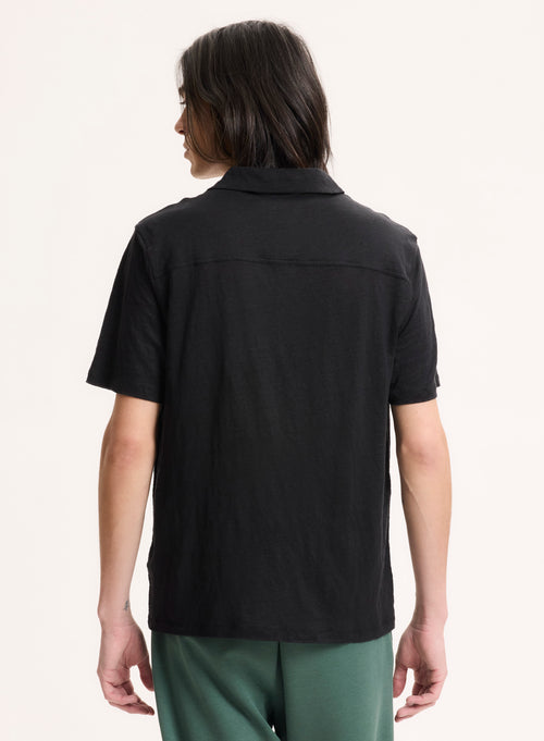 Black Short Sleeve Polo Shirt in Linen, Elastane - MAJESTIC FILATURES