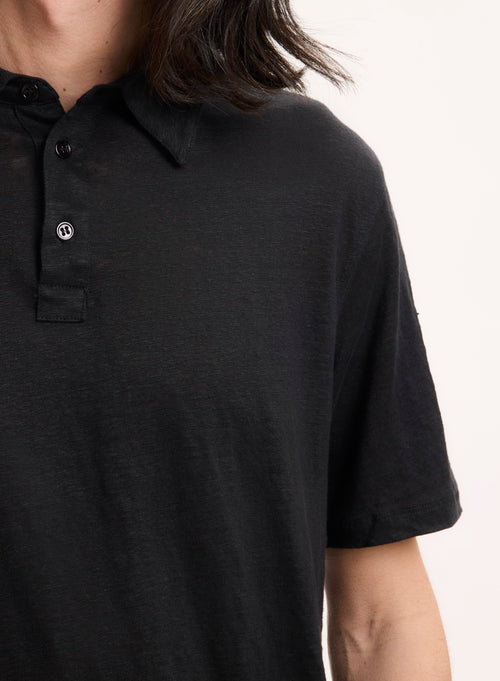 Black Short Sleeve Polo Shirt in Linen, Elastane - MAJESTIC FILATURES