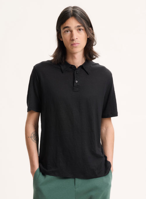 Black Short Sleeve Polo Shirt in Linen, Elastane - MAJESTIC FILATURES