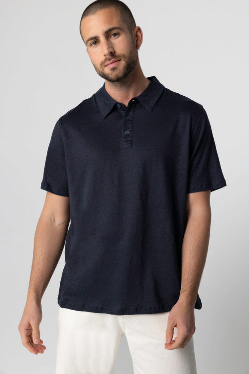 Navy short-sleeved polo shirt in linen / elastane - MAJESTIC FILATURES