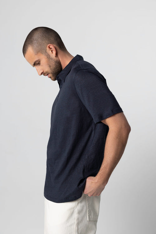 Navy short-sleeved polo shirt in linen / elastane - MAJESTIC FILATURES