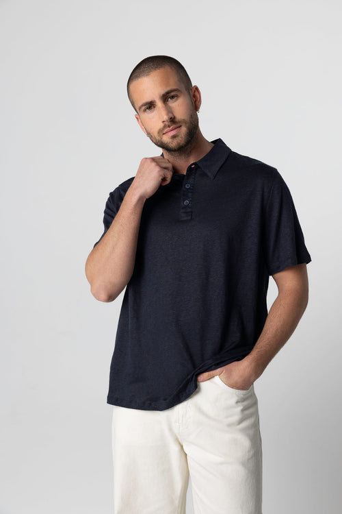 Navy short-sleeved polo shirt in linen / elastane - MAJESTIC FILATURES