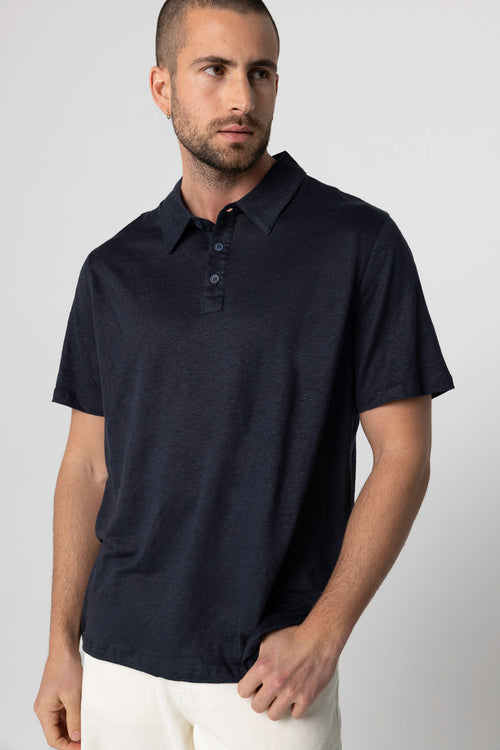 Navy short-sleeved polo shirt in linen / elastane - MAJESTIC FILATURES