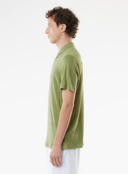 Green Short Sleeve Linen / Elastane Polo Shirt - MAJESTIC FILATURES