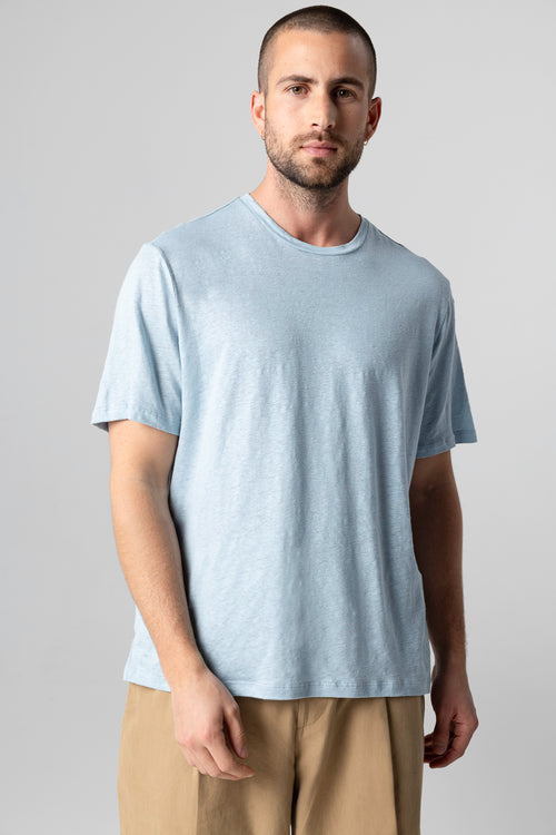 T-shirt Bleu Calanques Col Rond Manches Courtes en Lin / Elasthanne - MAJESTIC FILATURES
