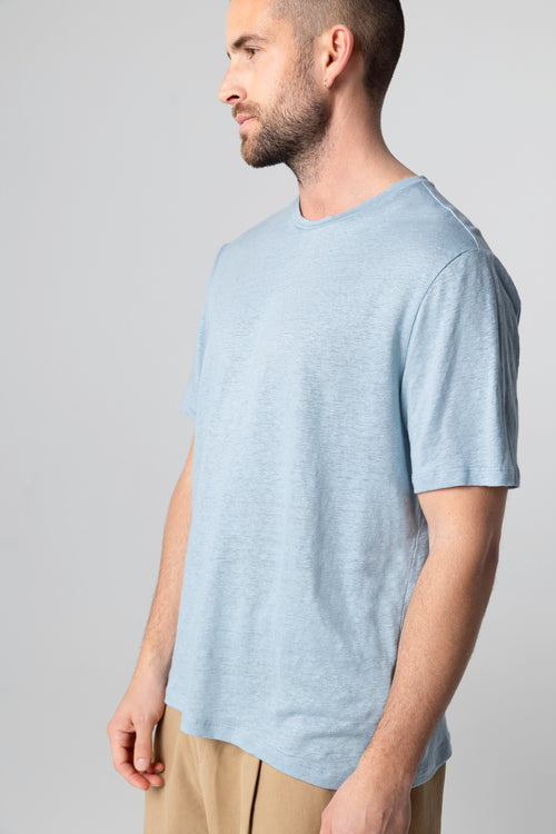 T-shirt Bleu Calanques Col Rond Manches Courtes en Lin / Elasthanne - MAJESTIC FILATURES