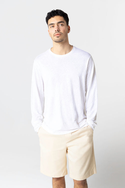 T-shirt Blanc Col Rond Manches Longues en Lin / Elasthanne - MAJESTIC FILATURES