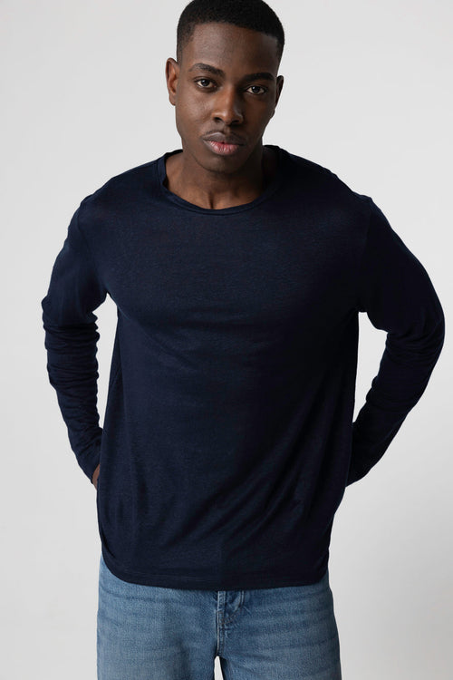 T-shirt Marine Col Rond Manches Longues en Lin / Elasthanne - MAJESTIC FILATURES