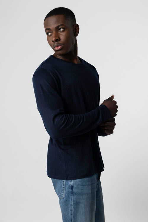 T-shirt Marine Col Rond Manches Longues en Lin / Elasthanne - MAJESTIC FILATURES