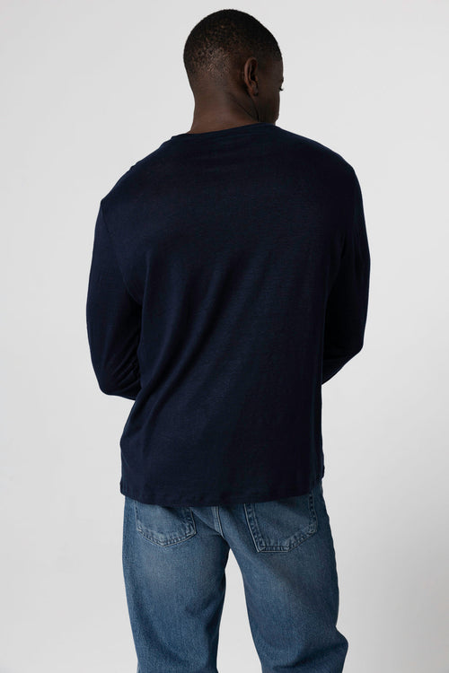 T-shirt Marine Col Rond Manches Longues en Lin / Elasthanne - MAJESTIC FILATURES