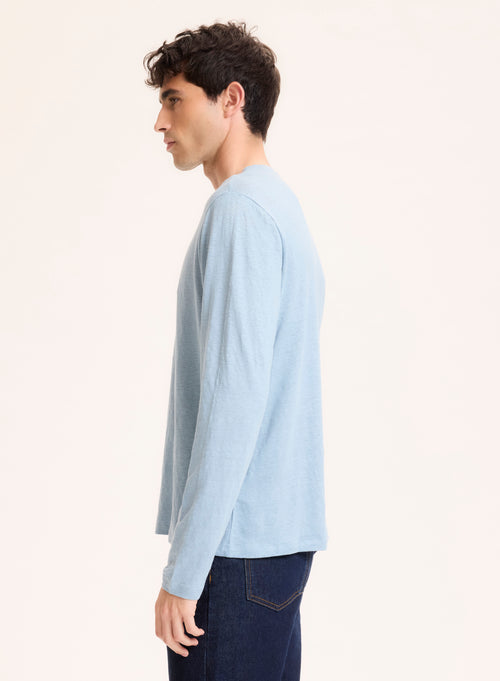 Blue Long Sleeve Crew Neck Linen / Elastane T-Shirt - MAJESTIC FILATURES