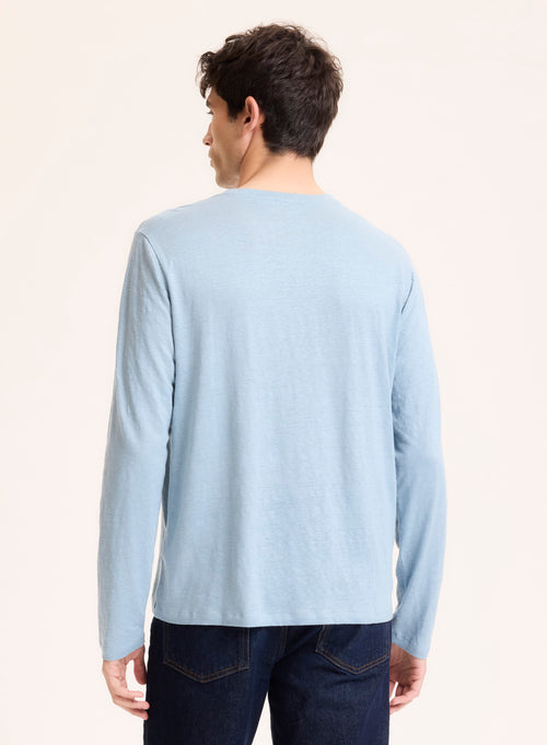 Blue Long Sleeve Crew Neck Linen / Elastane T-Shirt - MAJESTIC FILATURES