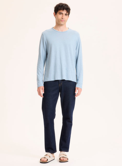 Blue Long Sleeve Crew Neck Linen / Elastane T-Shirt - MAJESTIC FILATURES