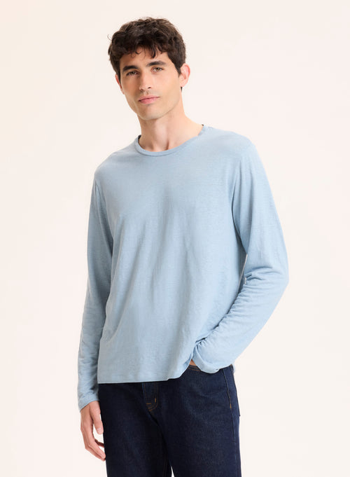 Blue Long Sleeve Crew Neck Linen / Elastane T-Shirt - MAJESTIC FILATURES