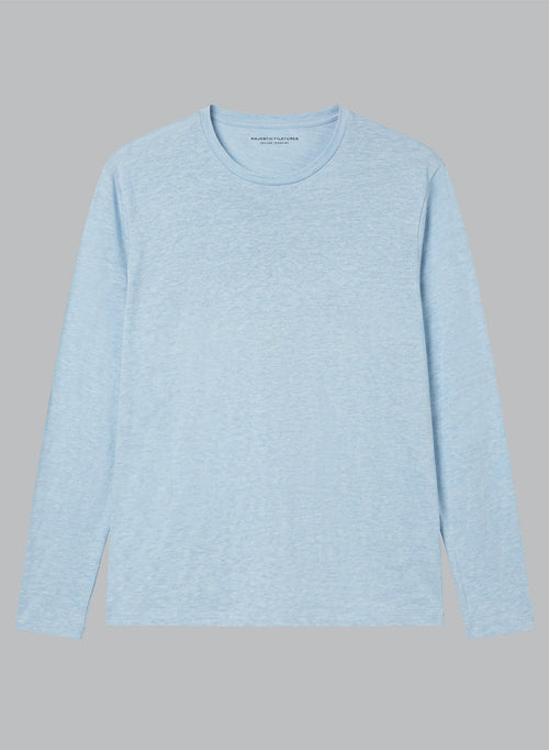 Langärmliges T-Shirt mit Rundhalsausschnitt aus Leinen/Elasthan in Blau Calanques - MAJESTIC FILATURES