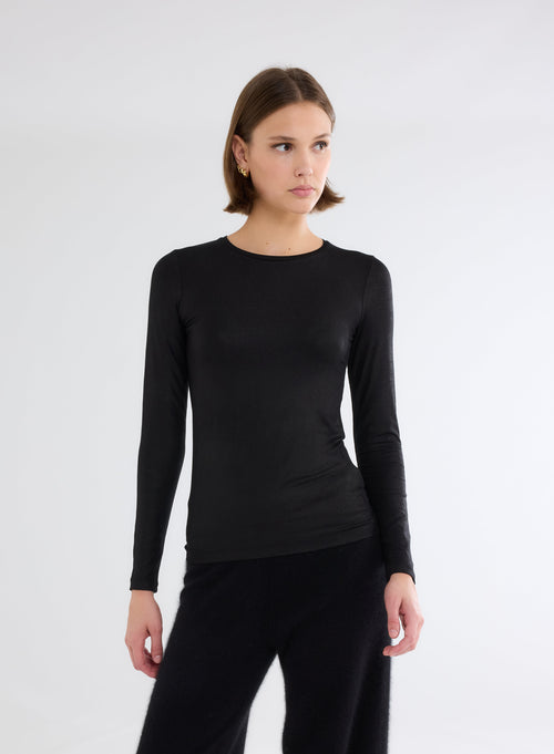 Black Glitter Long Sleeve Round Neck T-Shirt in Viscose and Elastane - MAJESTIC FILATURES