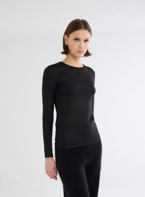 Black Glitter Long Sleeve Round Neck T-Shirt in Viscose and Elastane - MAJESTIC FILATURES