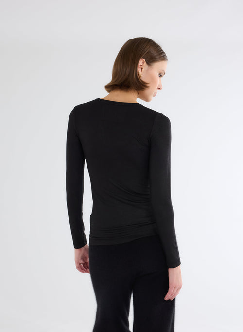 Black Glitter Long Sleeve Round Neck T-Shirt in Viscose and Elastane - MAJESTIC FILATURES