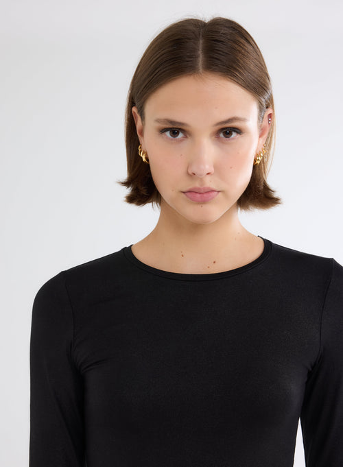 Black Glitter Long Sleeve Round Neck T-Shirt in Viscose and Elastane - MAJESTIC FILATURES