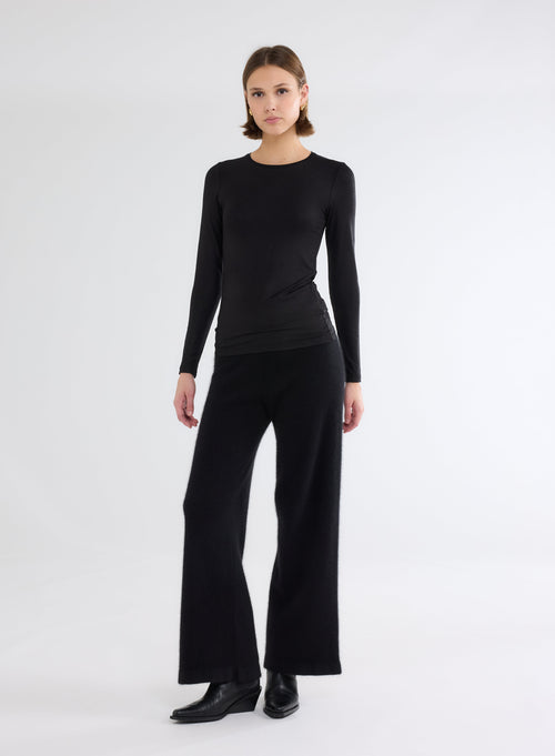 Black Glitter Long Sleeve Round Neck T-Shirt in Viscose and Elastane - MAJESTIC FILATURES