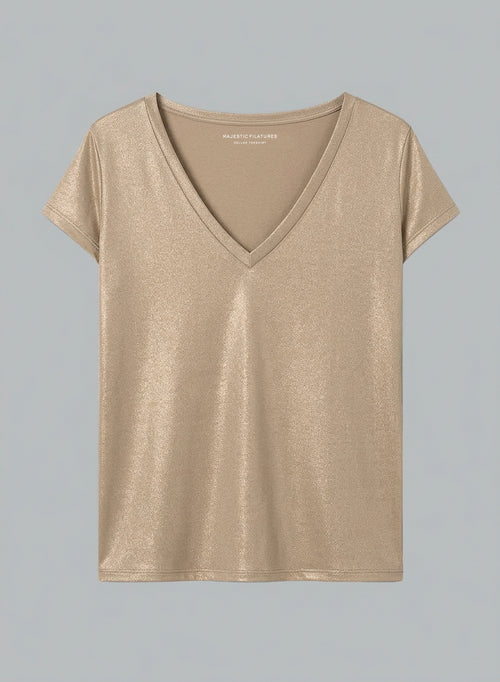 Coffee Latte V-Neck Short Sleeve Viscose / Elastane T-shirt - MAJESTIC FILATURES