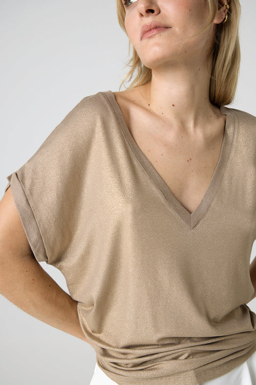T-shirt Coffee Latte Col V Manches Courtes en Viscose / Elasthanne - MAJESTIC FILATURES