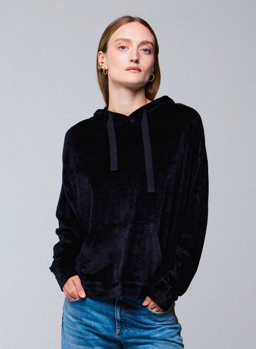 Sweat Marine Capuche Manches Longues en Coton / Modal / Elasthanne - MAJESTIC FILATURES