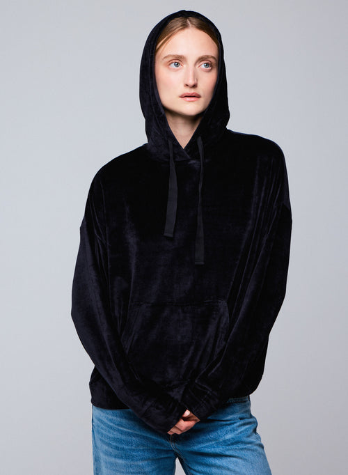 Navy hooded sweatshirt with long sleeves in cotton / modal / elastane - MAJESTIC FILATURES