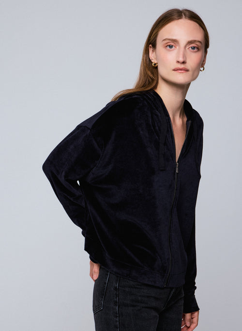 Sweat Marine Capuche Manches Longues en Coton / Modal / Elasthanne - MAJESTIC FILATURES