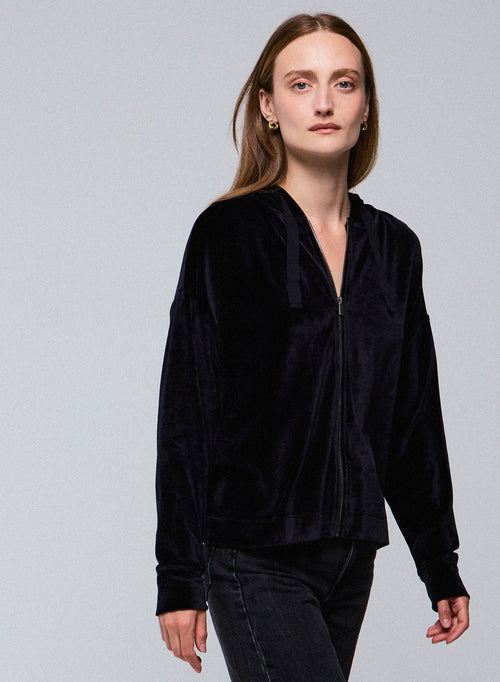 Navy hooded sweatshirt with long sleeves in cotton / modal / elastane - MAJESTIC FILATURES