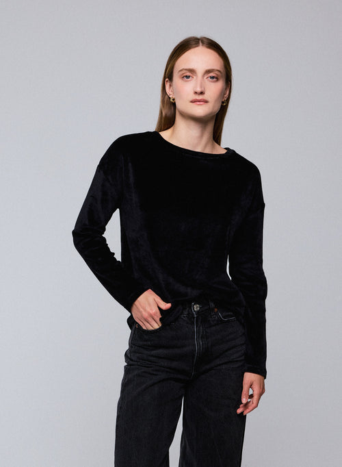 T-shirt Noir Col Bateau Manches Longues en Coton Organique / Modal / Elasthanne - MAJESTIC FILATURES