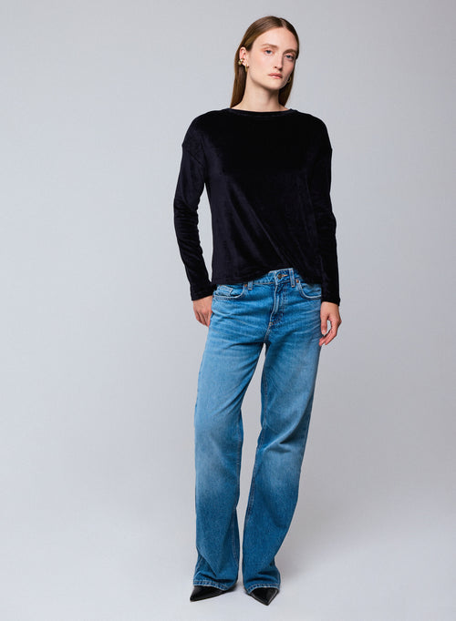 Navy blue Boat neck Long Sleeves T-shirt in Organic Cotton / Modal / Elastane - MAJESTIC FILATURES