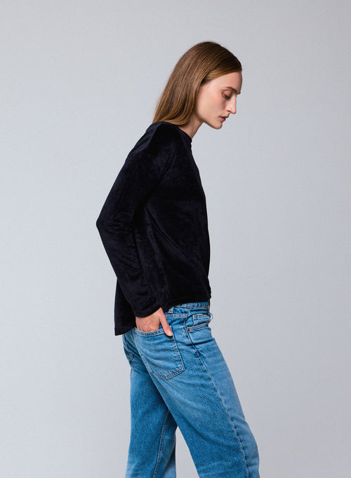 Navy blue Boat neck Long Sleeves T-shirt in Organic Cotton / Modal / Elastane - MAJESTIC FILATURES