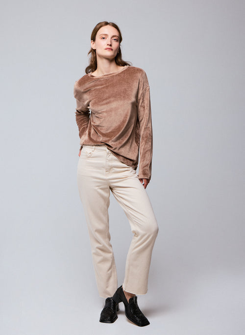 Beigefarbenes Langarm-T-Shirt mit U-Boot-Ausschnitt aus Bio-Baumwolle / Modal / Elasthan - MAJESTIC FILATURES