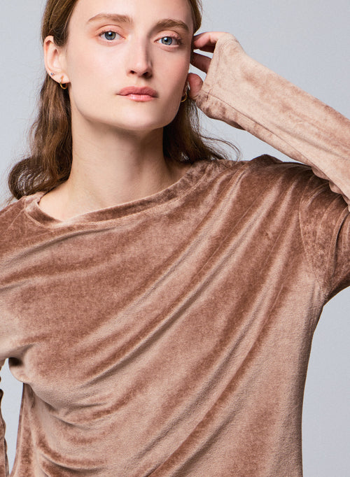 Beigefarbenes Langarm-T-Shirt mit U-Boot-Ausschnitt aus Bio-Baumwolle / Modal / Elasthan - MAJESTIC FILATURES