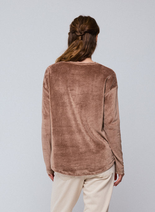 Beigefarbenes Langarm-T-Shirt mit U-Boot-Ausschnitt aus Bio-Baumwolle / Modal / Elasthan - MAJESTIC FILATURES