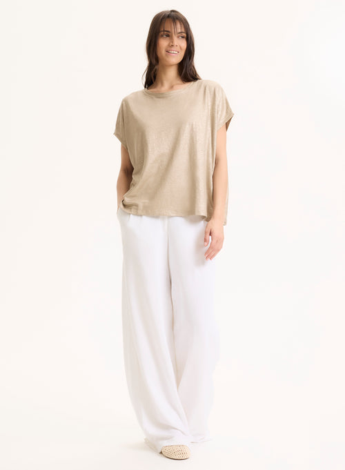 Tee shirt Beige Col Rond Sans Manches en Lin / Elasthanne - MAJESTIC FILATURES