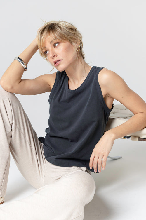 Débardeur Noir Col Rond Sans Manches en Coton / Elasthanne - MAJESTIC FILATURES