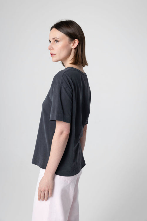 T-Shirt mit Rundhalsausschnitt und kurzen Ärmeln aus Baumwolle/Elasthan in Schwarz - MAJESTIC FILATURES