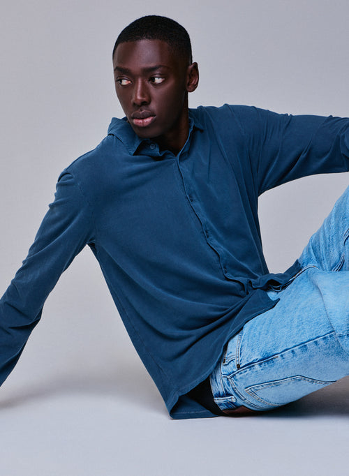 Camisa Azul Camisa de Manga Larga en Algodón Orgánico / Elastano - MAJESTIC FILATURES