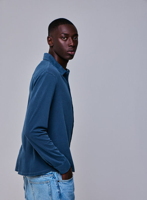 Camisa Azul Camisa de Manga Larga en Algodón Orgánico / Elastano - MAJESTIC FILATURES